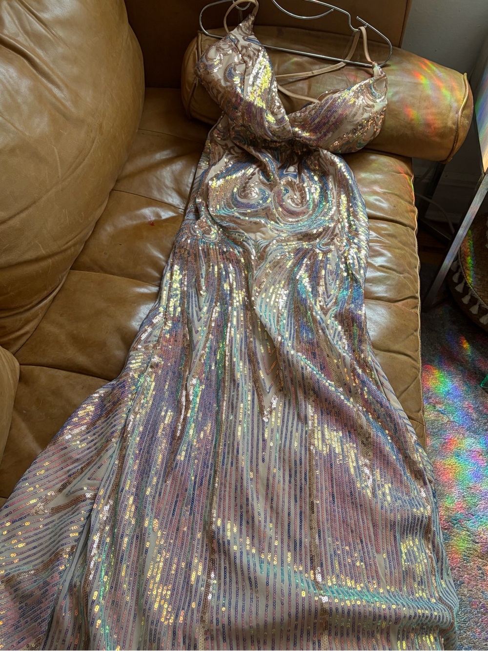 iridescent sequin formal maxi dress size large champagne multi